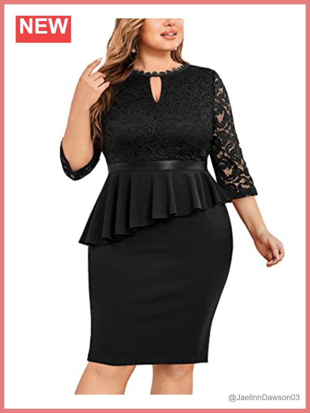 Plus Size Lace Peplum Cocktail Dress Keyhole Neckline Knee-Length